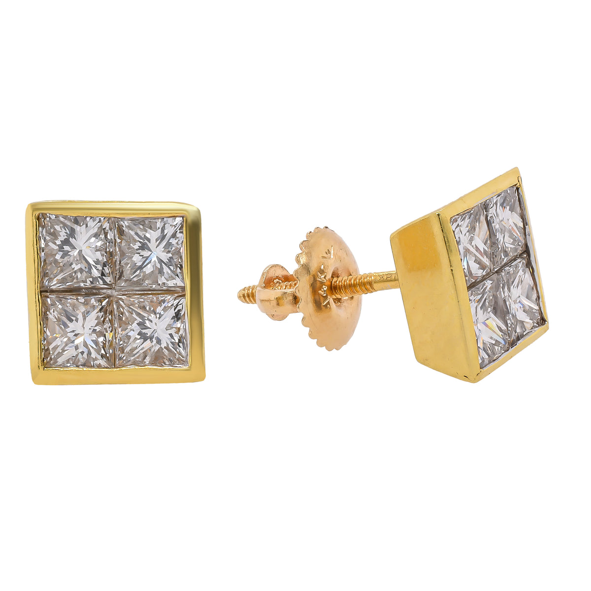 18K Yellow Gold Princess Cut Diamond Earrings