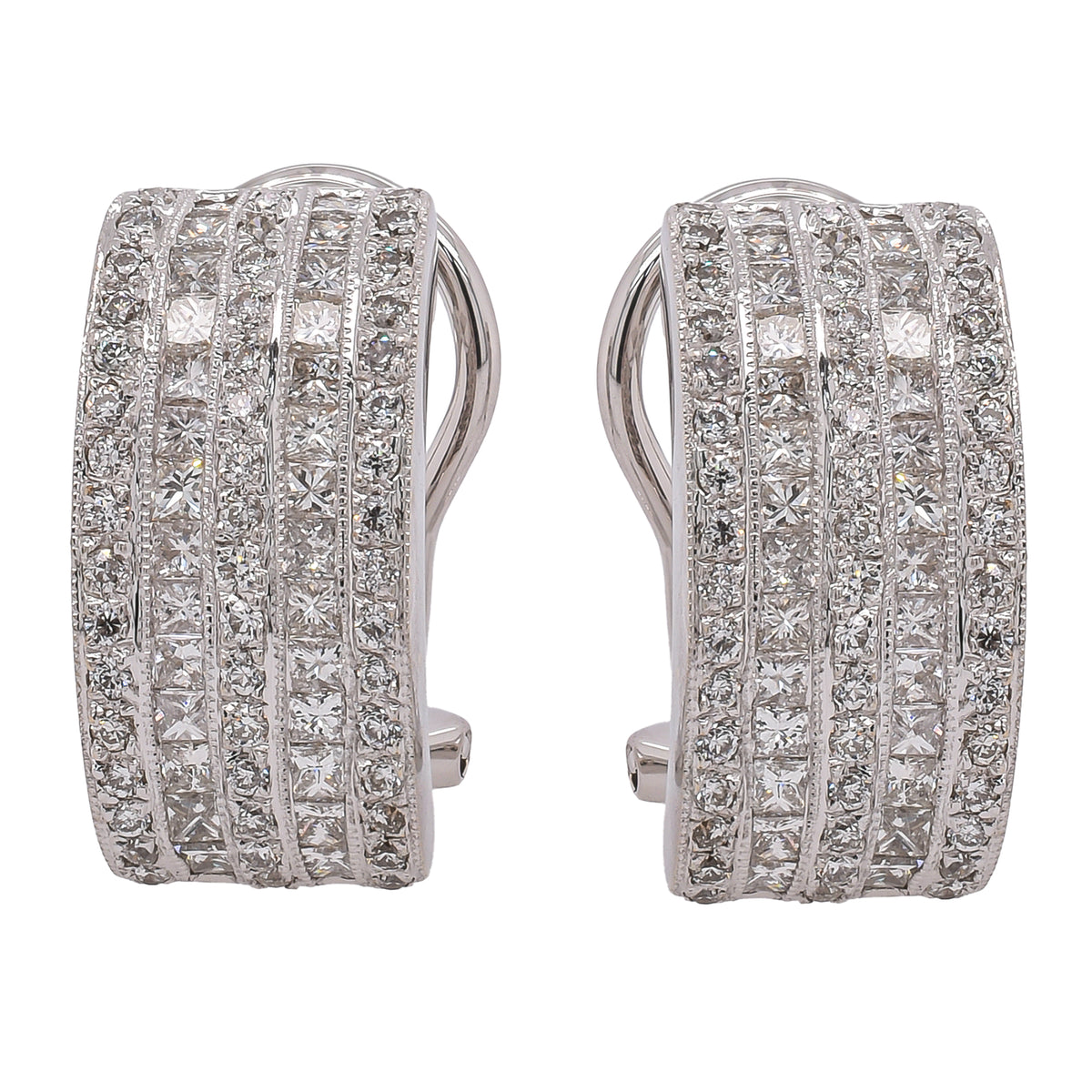 18K White Gold Curved Triple Bar Diamond Omega Back Earrings | 1.69 CTW