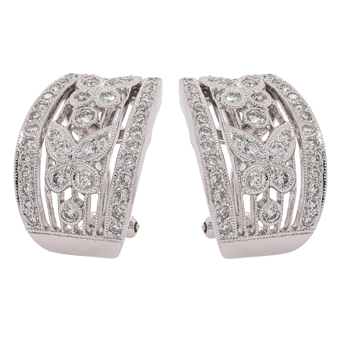 18K White Gold Antique Style Diamond Butterfly Omega Back Earrings | 0.93 CTW