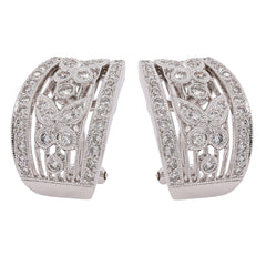 18K White Gold Antique Style Diamond Butterfly Omega Back Earrings | 0.93 CTW, view 1