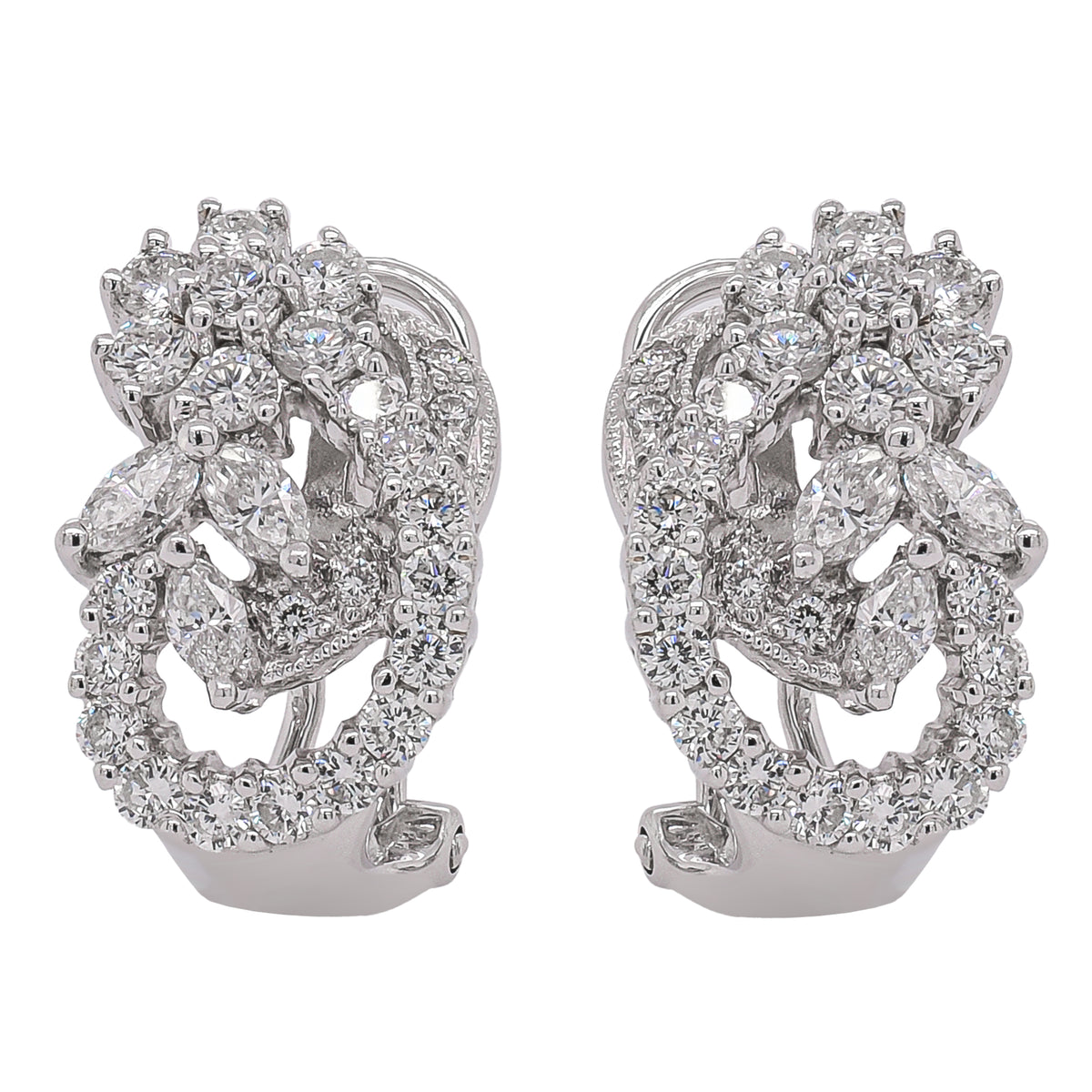 18K White Gold Diamond Swirl Cluster Earrings | 1.46 CTW Round & Marquise Diamonds