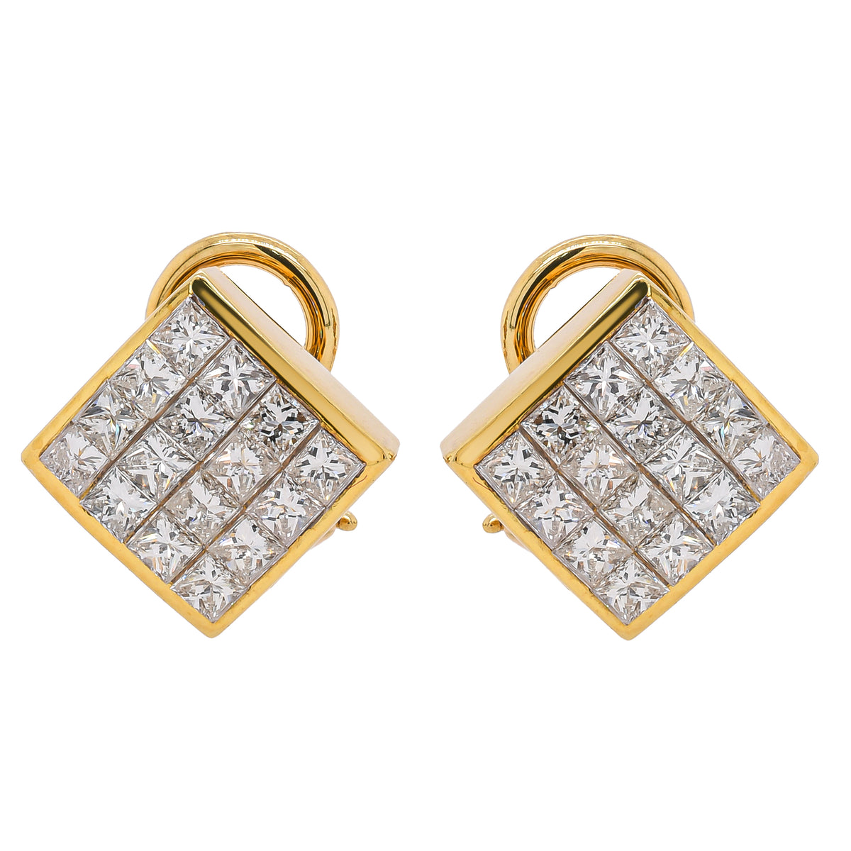 18K Yellow Gold Invisible-Set Princess Diamond Square Stud Earrings | 1.51 CTW