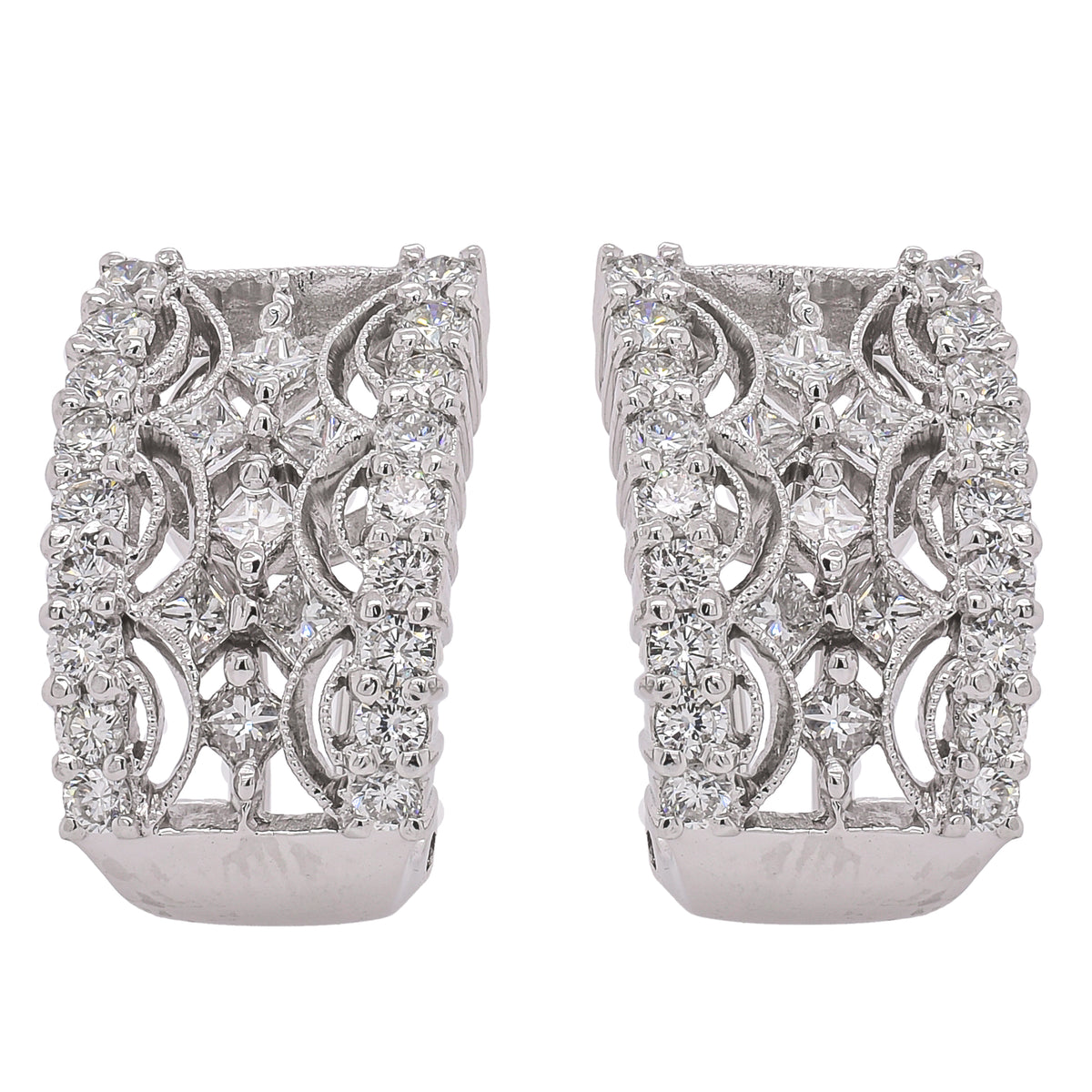 18K White Gold Antique Style Diamond Omega Back Earrings | 1.70 CTW Round & Princess Diamonds