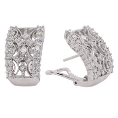 18K White Gold Antique Style Diamond Omega Back Earrings | 1.70 CTW Round & Princess Diamonds, view 2