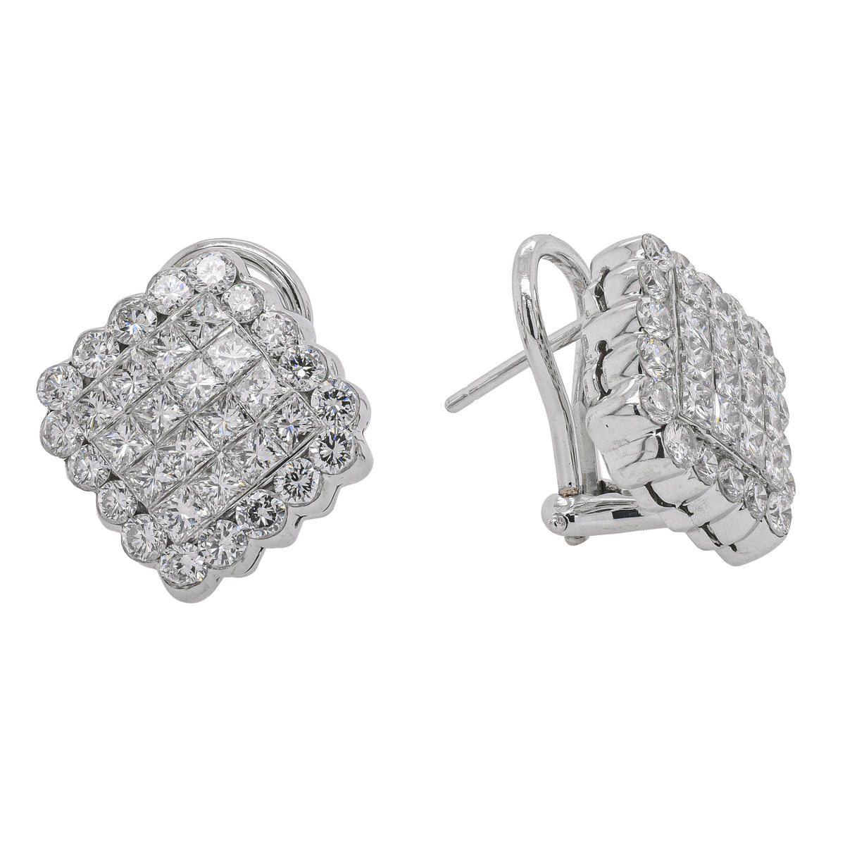 18K White Gold Princess & Round Diamond Omega Back Earrings