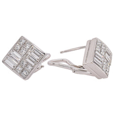 18K White Gold Princess & Baguette Diamond Square Omega Back Earrings | 1.97 CTW, view 2