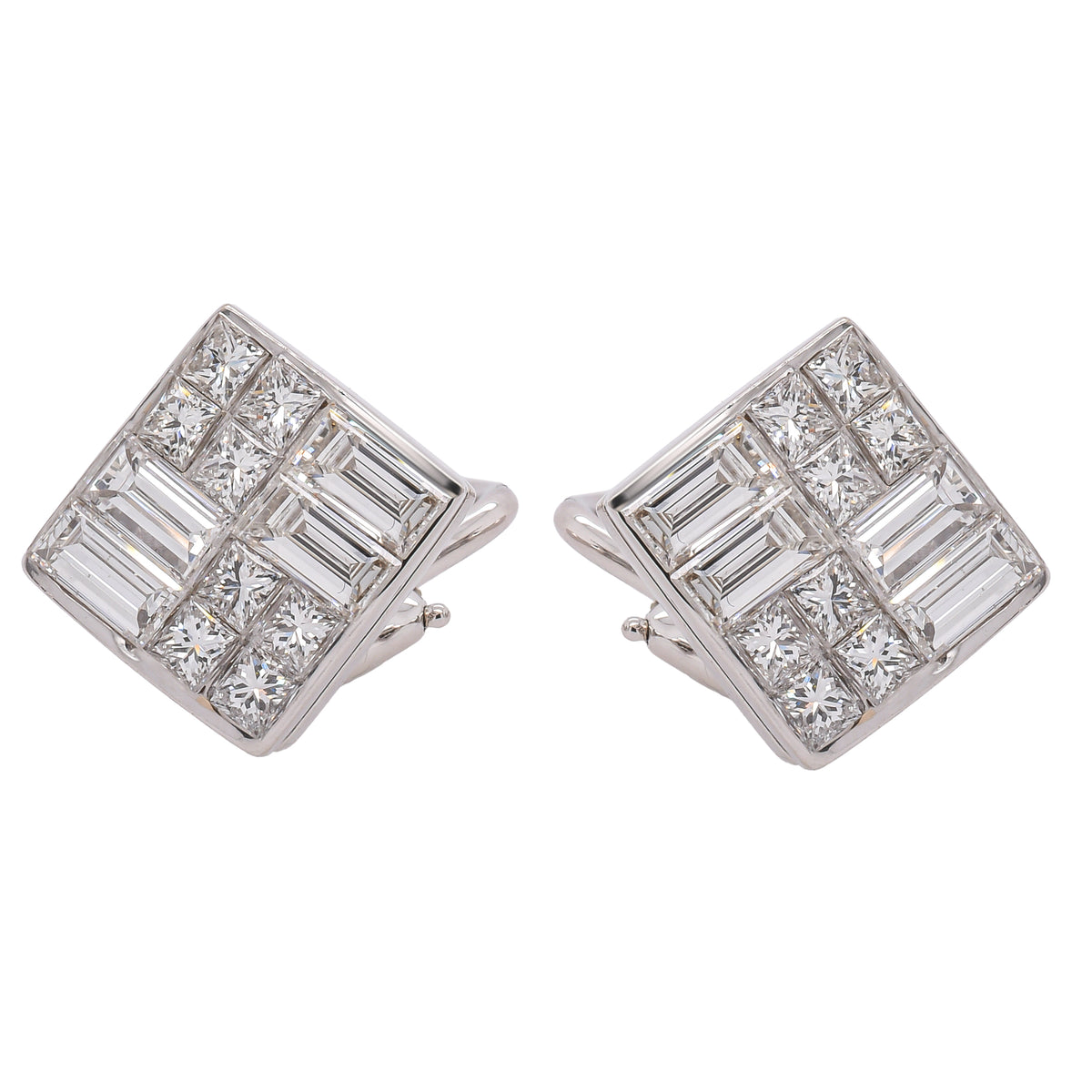 18K White Gold Princess & Baguette Diamond Square Omega Back Earrings | 1.97 CTW