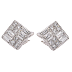 18K White Gold Princess & Baguette Diamond Square Omega Back Earrings | 1.97 CTW, view 1