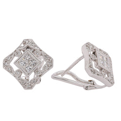 18K White Gold Princess & Round Diamond Filigree Omega Back Earrings | 0.52 CTW, view 2