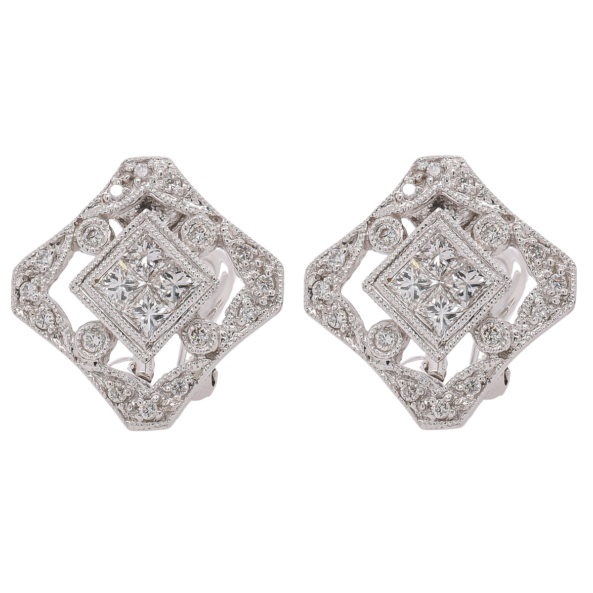 18K White Gold Princess & Round Diamond Filigree Omega Back Earrings | 0.52 CTW