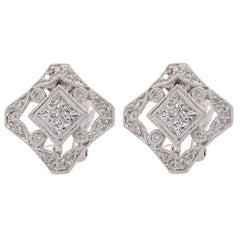 18K White Gold Princess & Round Diamond Filigree Omega Back Earrings | 0.52 CTW, view 1