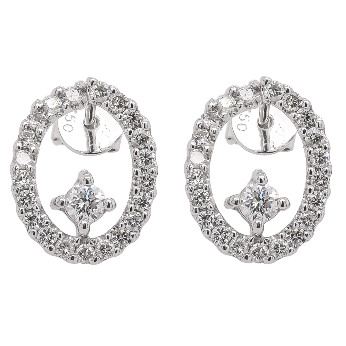 18K White Gold Oval Diamond Stud Earrings | 0.64 CTW Round Diamonds