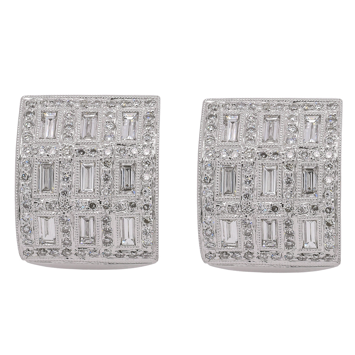 18K White Gold Brick Style Diamond Omega Back Earrings | 1.94 CTW