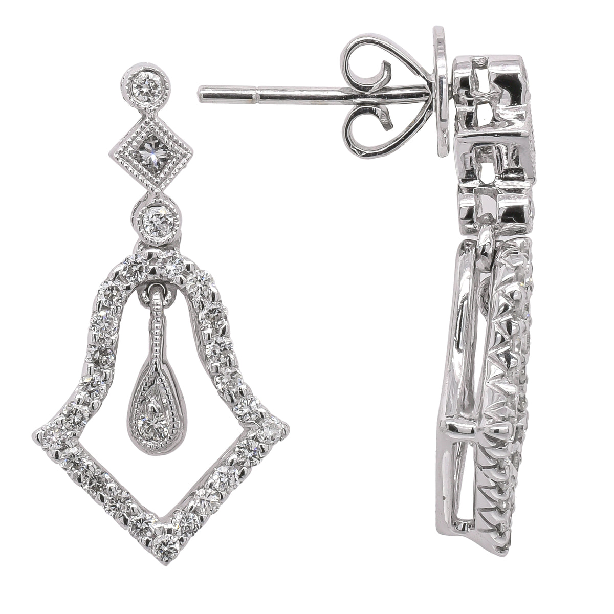 18K White Gold Diamond Dangle Stud Earrings | 0.52 CTW Round Diamonds