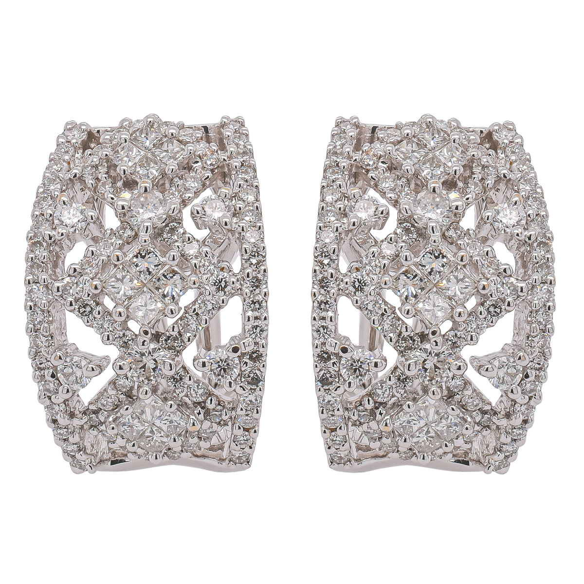 18K White Gold Antique Style Diamond Leverback Earrings | 1.38 CTW Princess & Round Diamonds