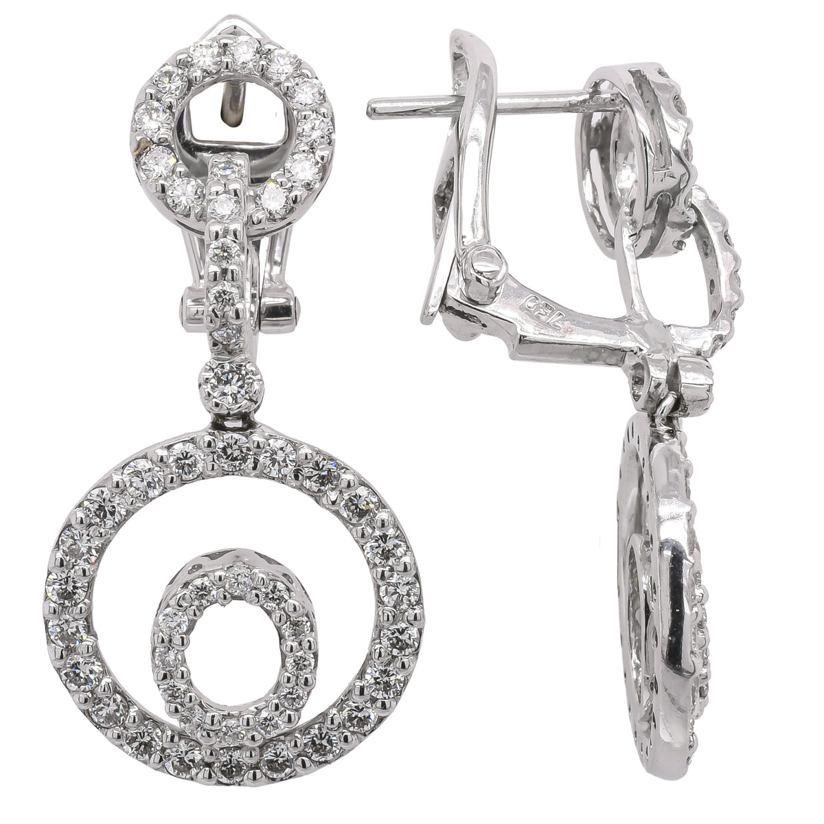 18K White Gold Diamond Double Circle Dangle Earrings | 1.14 CTW Round Diamonds