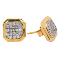 18K Yellow Gold Diamond Octagonal Square Stud Earrings, view 2