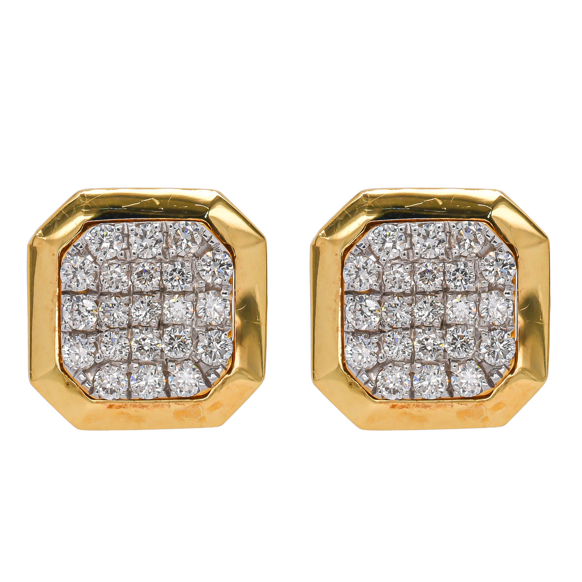 18K Yellow Gold Diamond Octagonal Square Stud Earrings