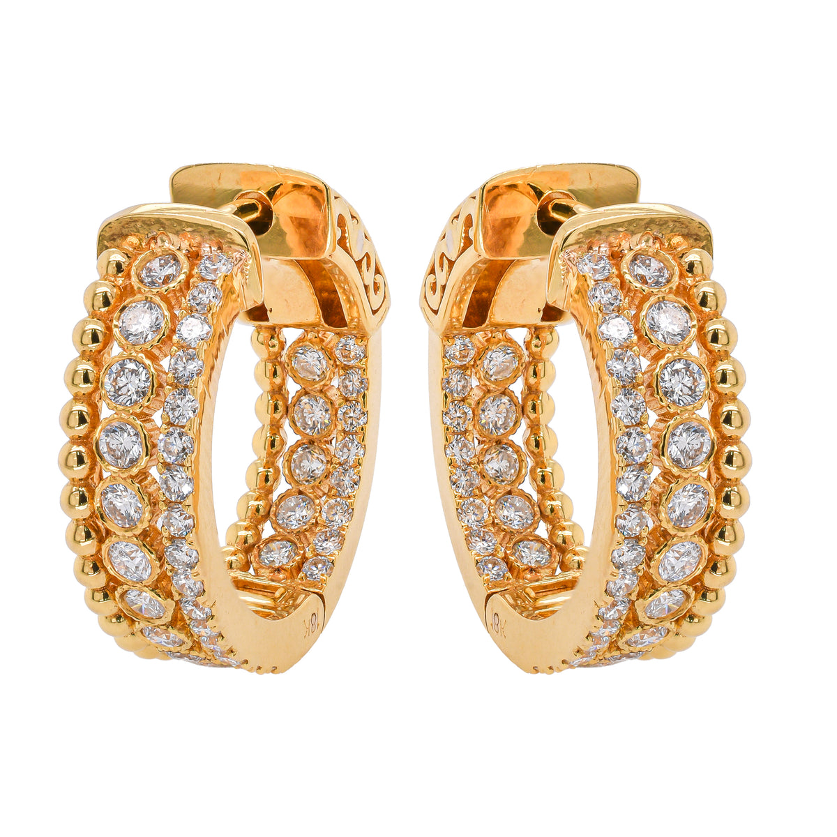 18K Yellow Gold Diamond Hoop Earrings with Bead Accents | 1.10 CTW Natural Diamonds