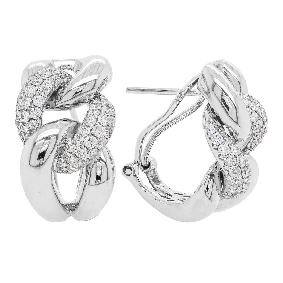 18K White Gold Diamond Braided Omega Back Earrings