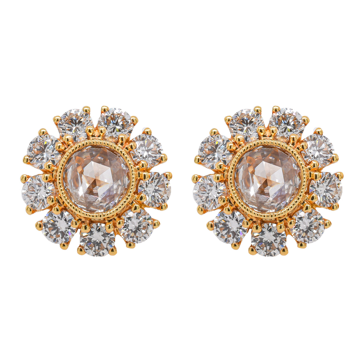 18K Yellow Gold Rose Cut & Round Diamond Stud Earrings | 2.58 CTW Natural Diamonds