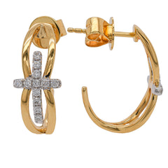 18K Yellow & White Gold Diamond Cross C-Hoop Earrings, view 2