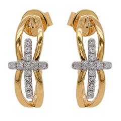 18K Yellow & White Gold Diamond Cross C-Hoop Earrings, view 1