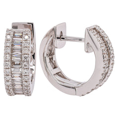 18K White Gold Baguette & Round Diamond Huggie Hoop Earrings | 0.61 CTW Natural Diamonds, view 2