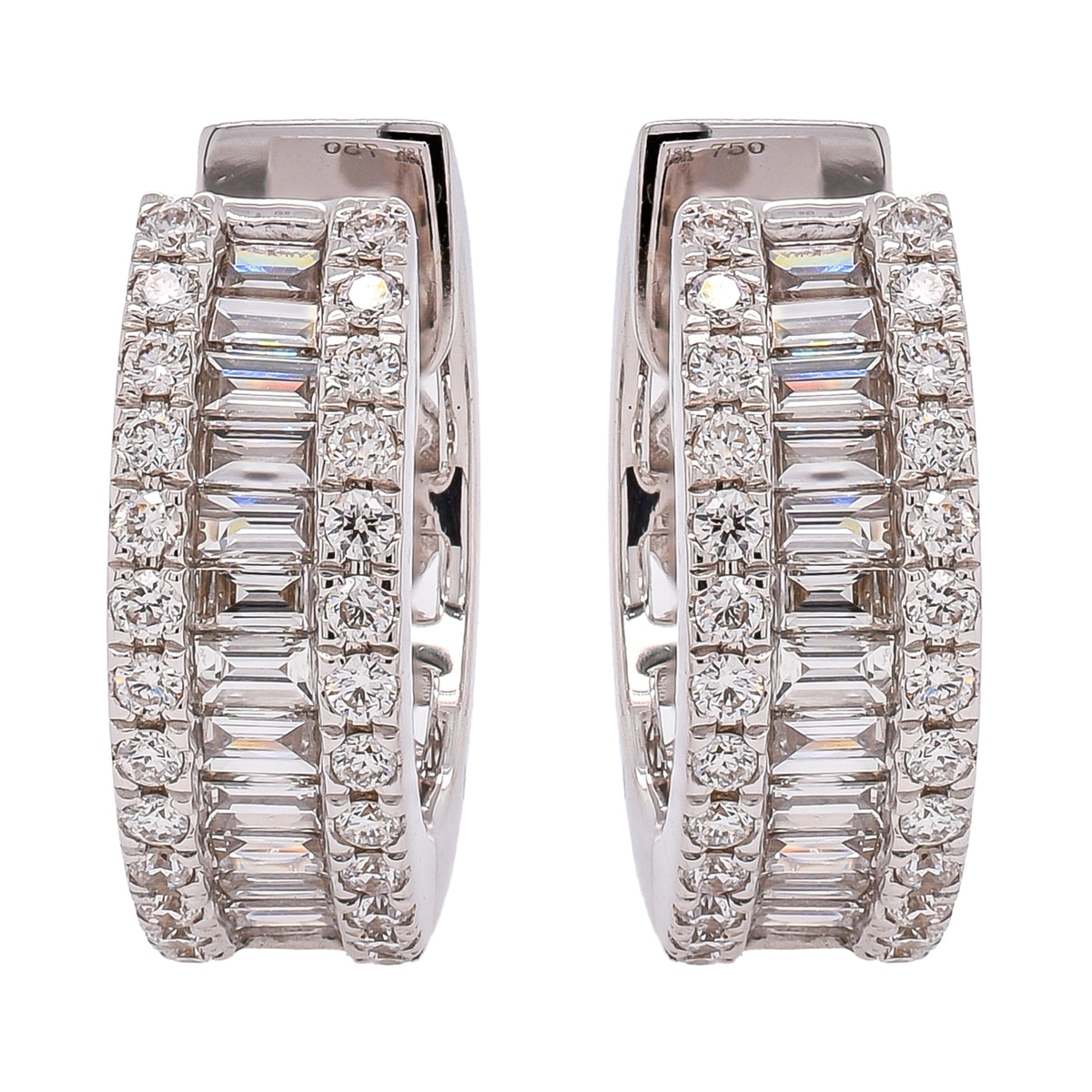 18K White Gold Baguette & Round Diamond Huggie Hoop Earrings | 0.61 CTW Natural Diamonds