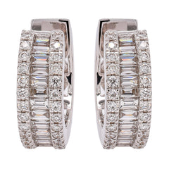 18K White Gold Baguette & Round Diamond Huggie Hoop Earrings | 0.61 CTW Natural Diamonds, view 1