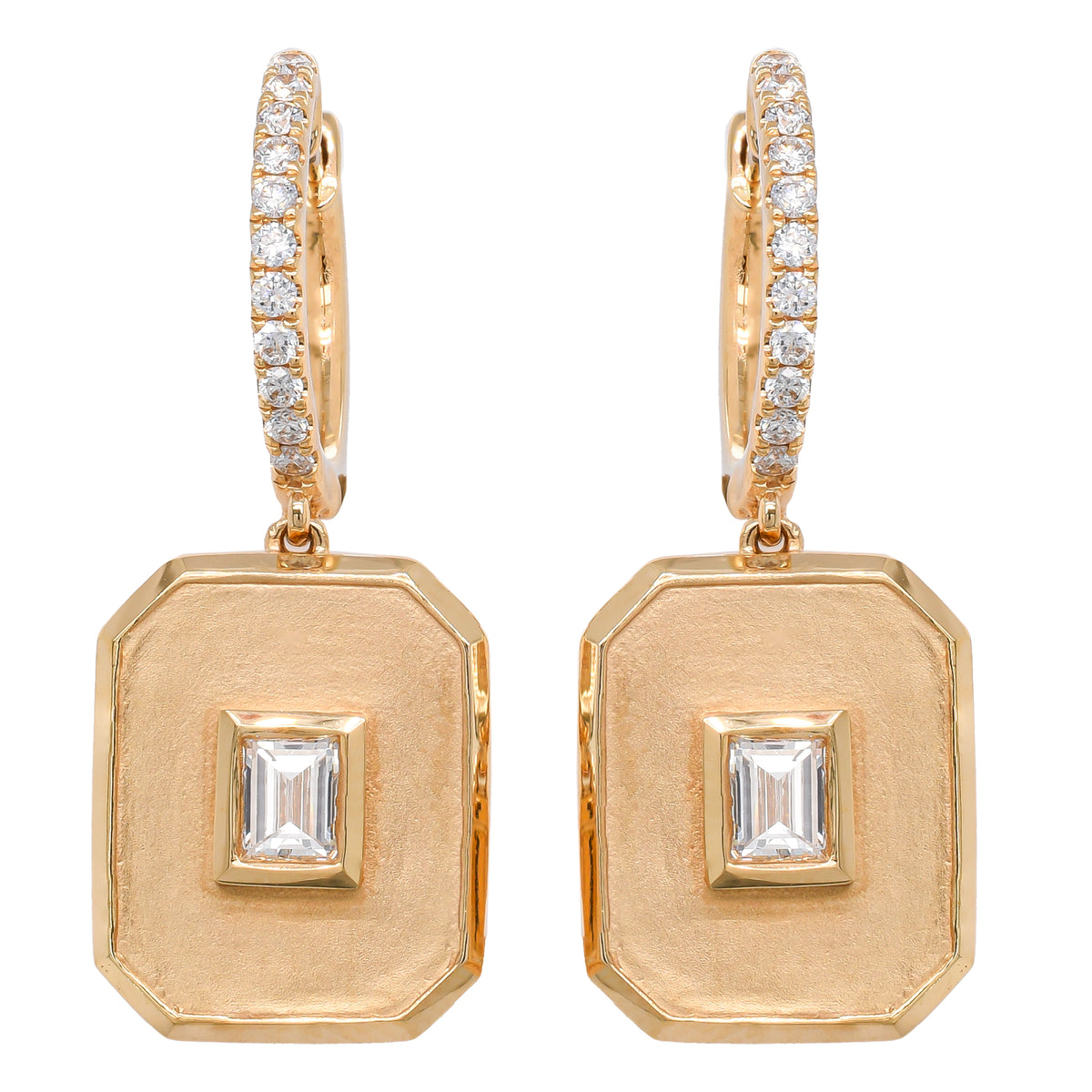 18K Yellow Gold Baguette Diamond Rectangle Huggie Earrings
