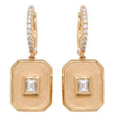 18K Yellow Gold Baguette Diamond Rectangle Huggie Earrings, view 1