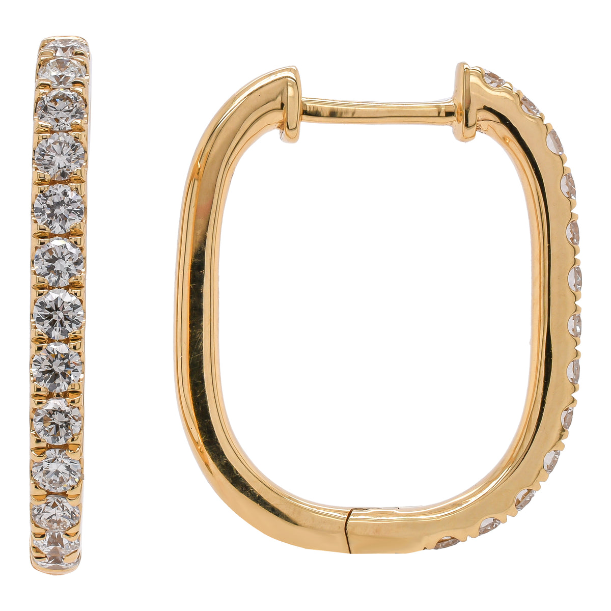 18K Yellow Gold Rectangular Diamond Hoop Earrings
