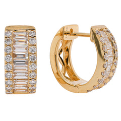 18K Yellow Gold Baguette & Round Diamond Huggie Earrings, view 2
