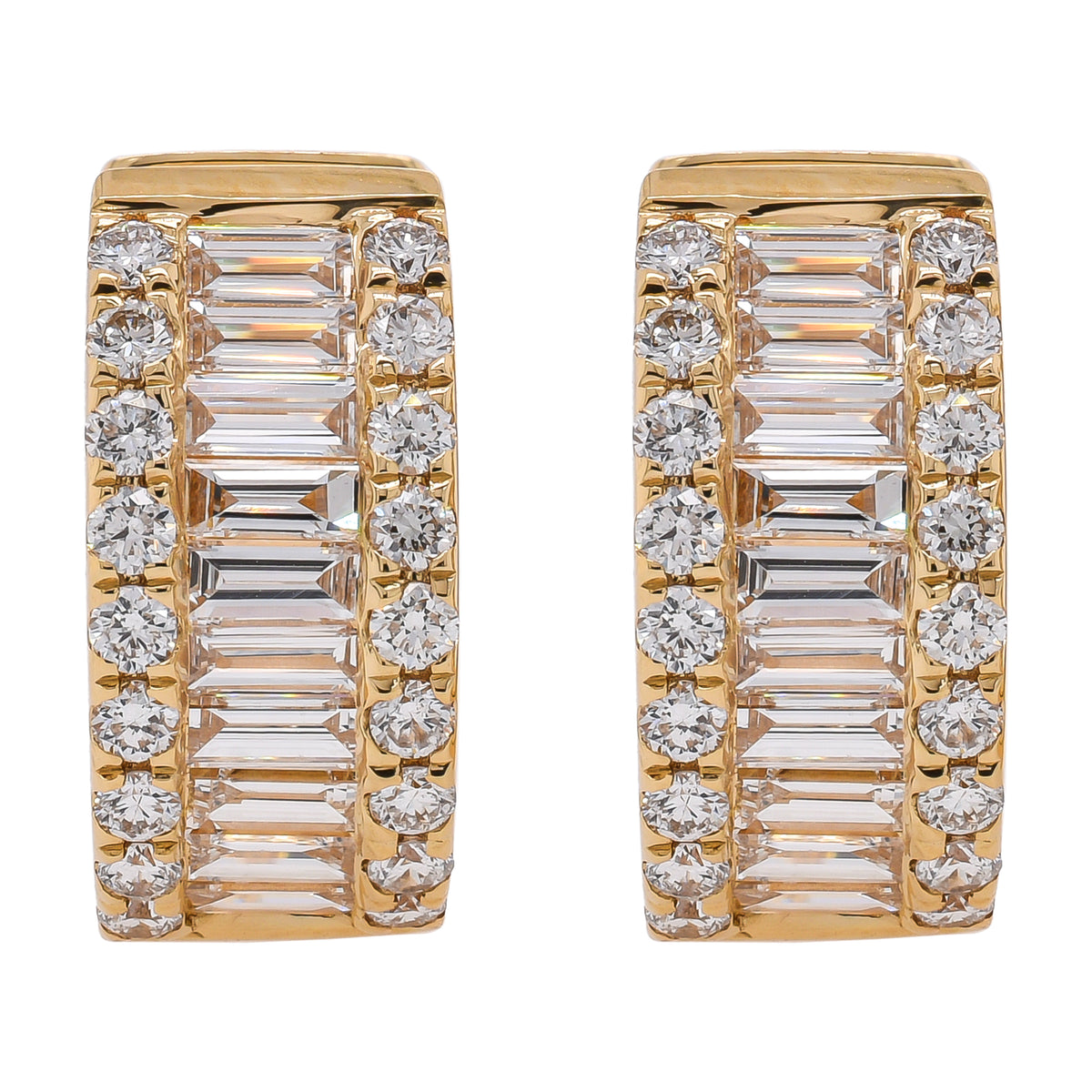18K Yellow Gold Baguette & Round Diamond Huggie Earrings