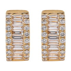 18K Yellow Gold Baguette & Round Diamond Huggie Earrings, view 1