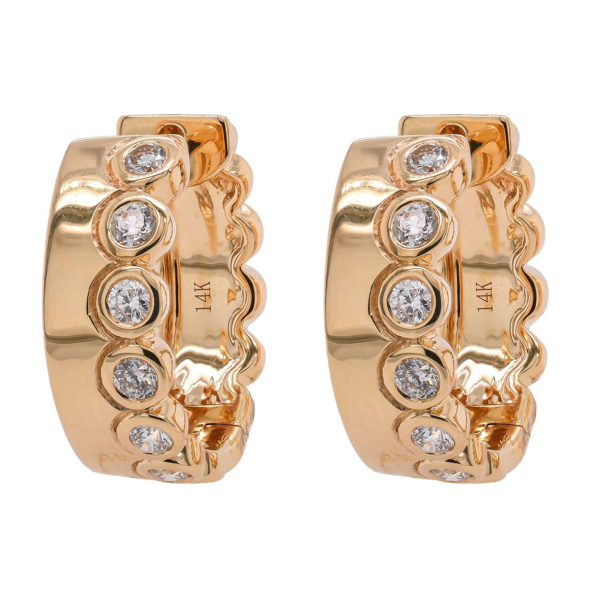 14K Yellow Gold Bezel Set Diamond Hoop Earrings 14.5mm