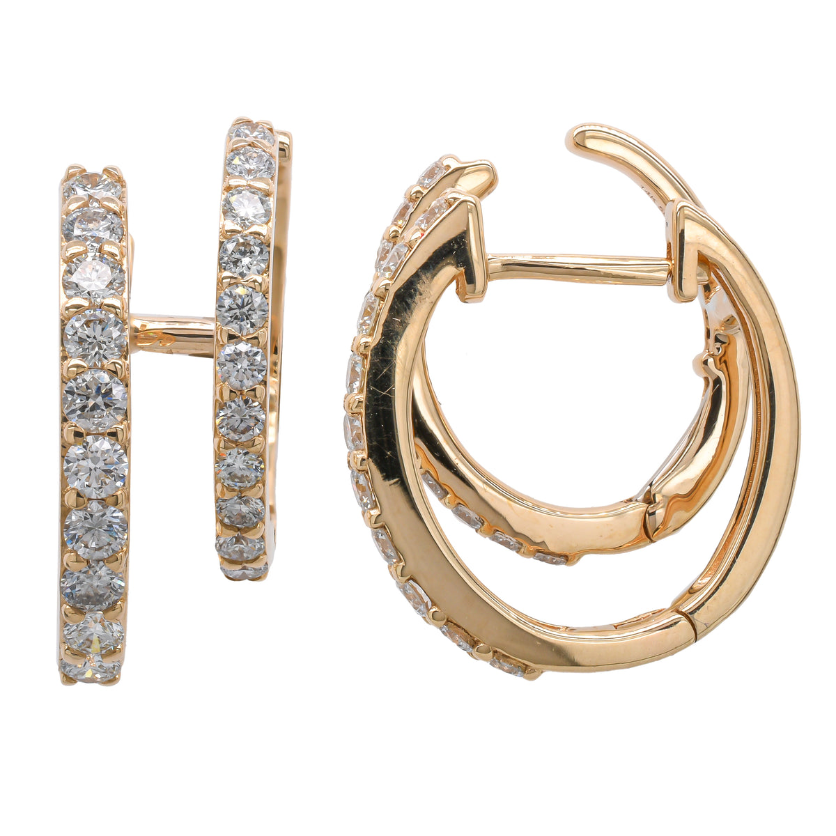 14K Yellow Gold Diamond Double Cuff Huggie Earrings