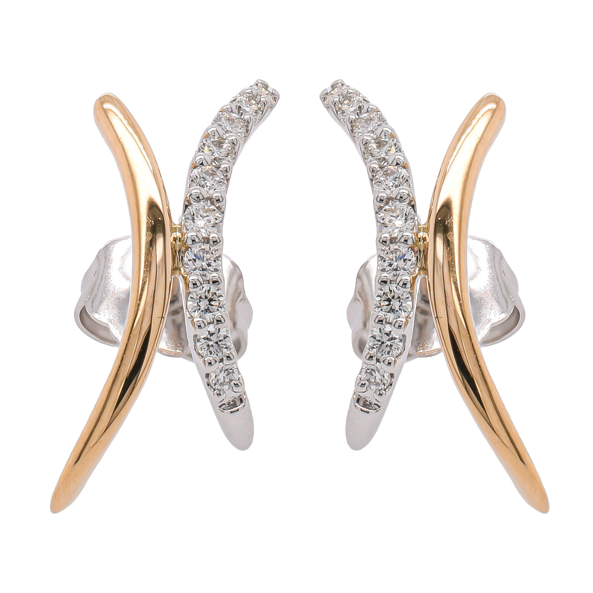14K Yellow and White Gold Curved X Bar Diamond Earrings on Studs