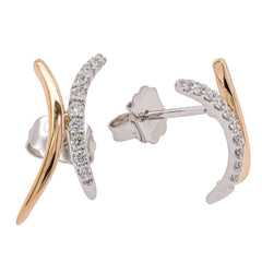 14K Yellow and White Gold Curved X Bar Diamond Earrings on Studs, view 2