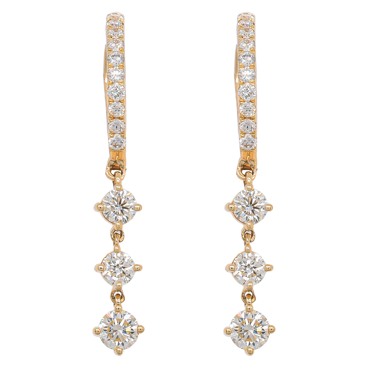 14K Yellow Gold Diamond Huggie Earrings with 3- Diamond Drops