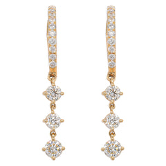 14K Yellow Gold Diamond Huggie Earrings with 3- Diamond Drops, view 1