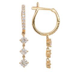14K Yellow Gold Diamond Huggie Earrings with 3- Diamond Drops, view 2