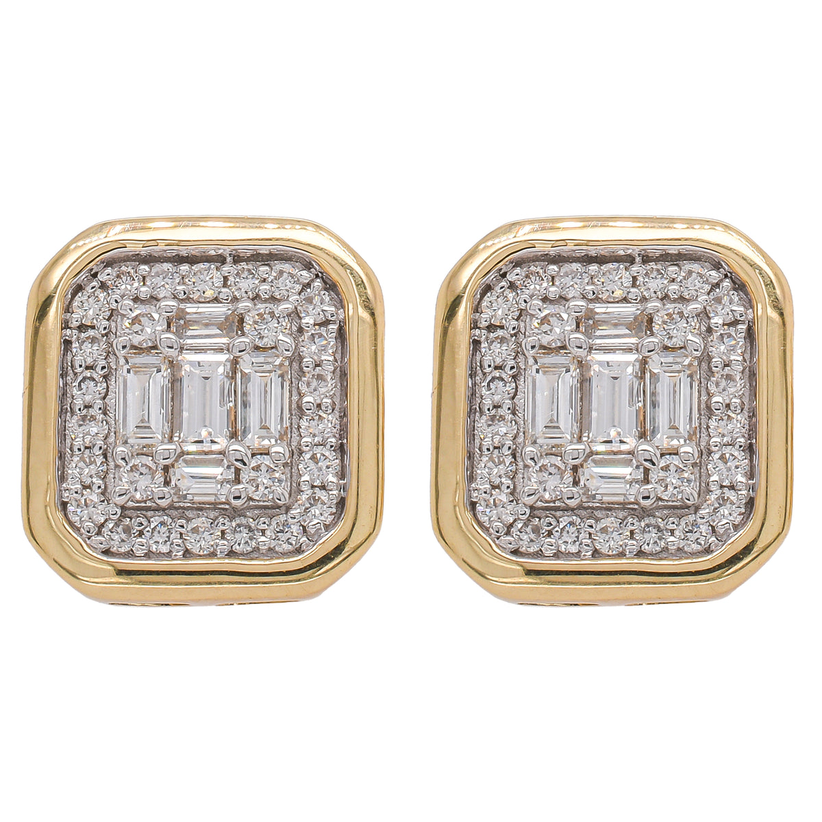 14K Yellow Gold Diamond Rectangle Bezel Cluster Stud Earrings