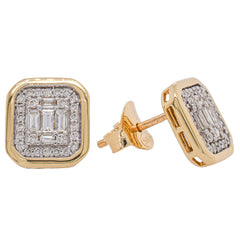 14K Yellow Gold Diamond Rectangle Bezel Cluster Stud Earrings, view 2