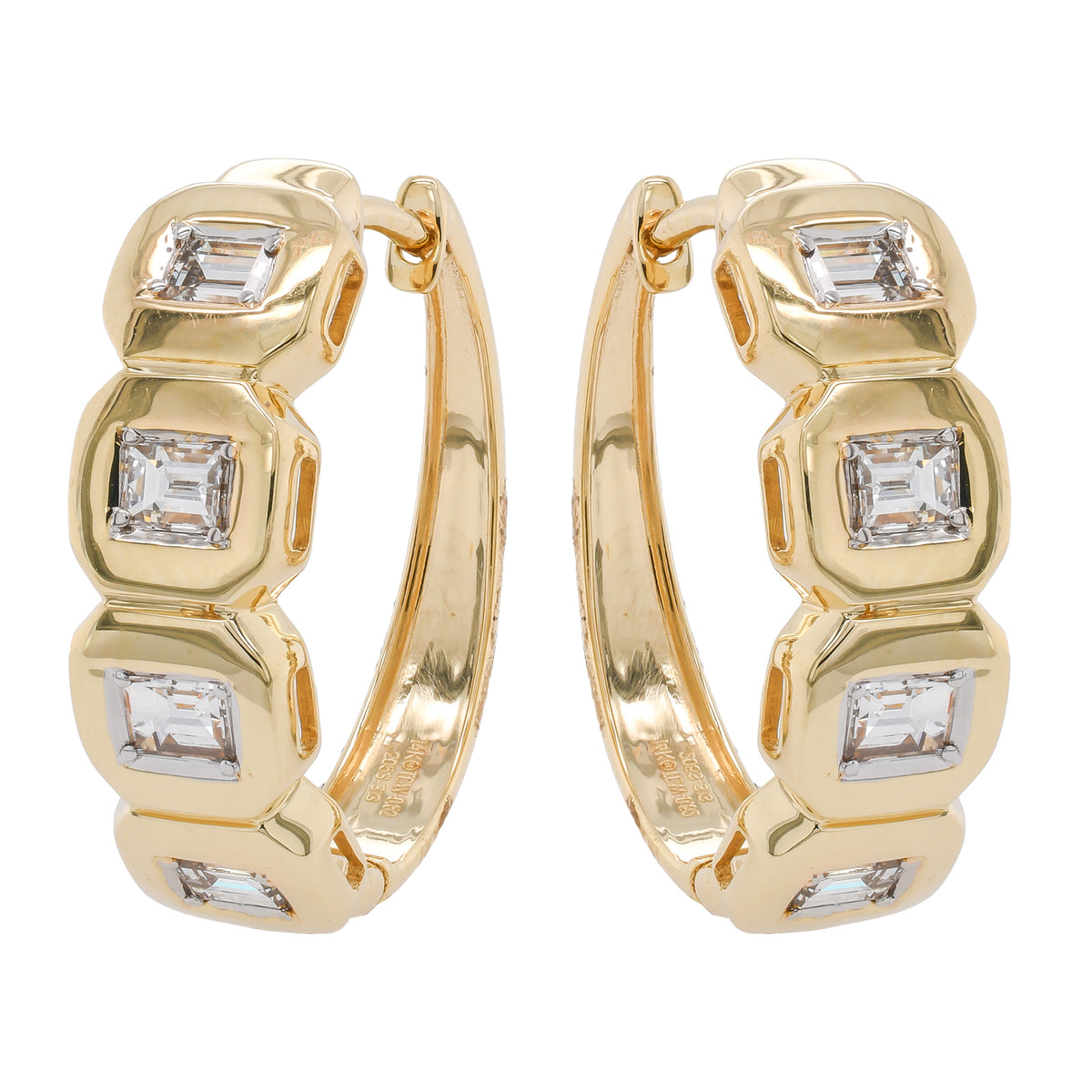 14K Yellow Gold Diamond Baguette Bezel Set Hoop 16mm Earrings