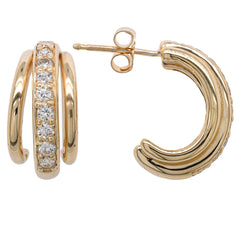 14K Yellow Gold Diamond Three Row J Hoop 17mm Earrings, view 2