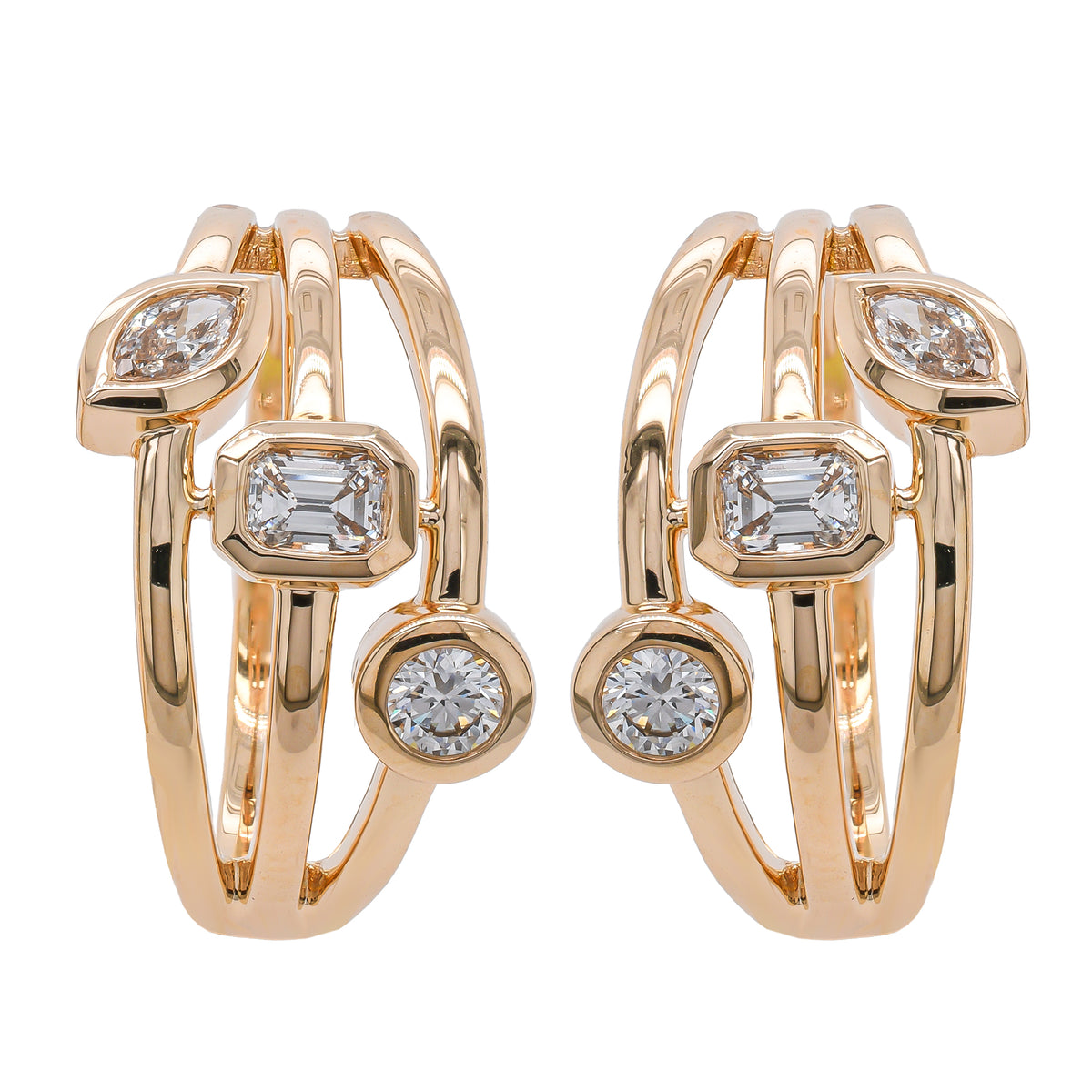 14K Yellow Gold 3-Stone Diamond Shape Bezel set 3-Row Hoop Earrings
