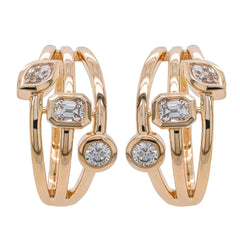 14K Yellow Gold 3-Stone Diamond Shape Bezel set 3-Row Hoop Earrings, view 1