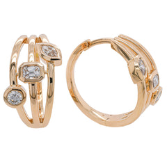 14K Yellow Gold 3-Stone Diamond Shape Bezel set 3-Row Hoop Earrings, view 2